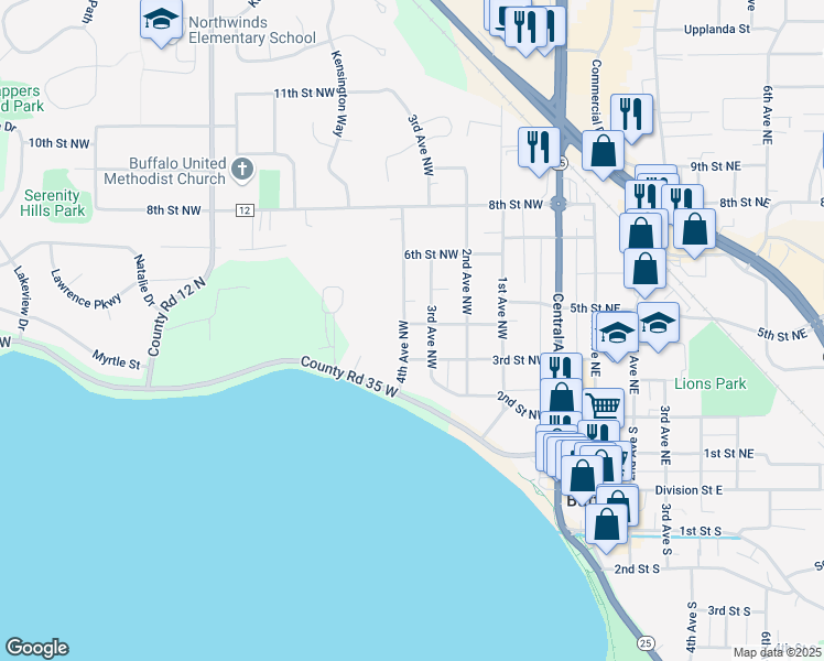 map of restaurants, bars, coffee shops, grocery stores, and more near 404 4th Avenue Northwest in Buffalo