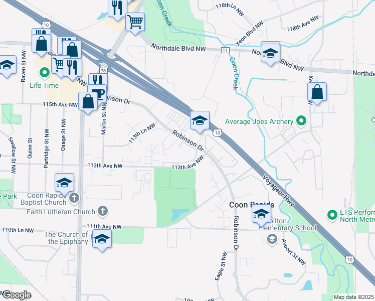 map of restaurants, bars, coffee shops, grocery stores, and more near 11350 Robinson Drive in Minneapolis