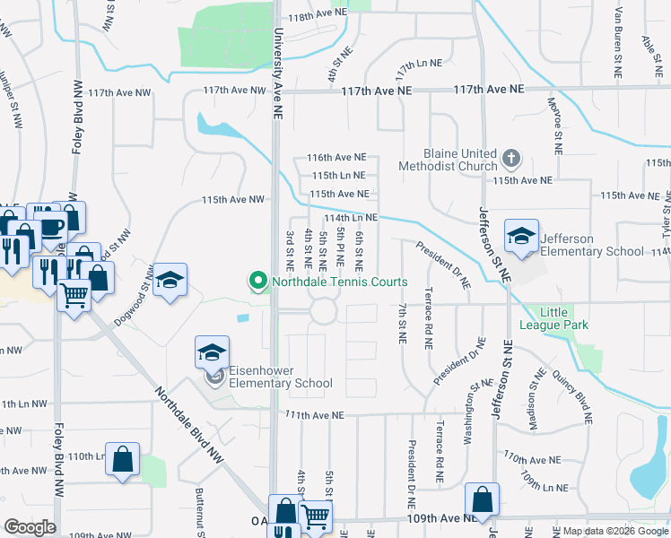 map of restaurants, bars, coffee shops, grocery stores, and more near 11368 5th Street Northeast in Blaine