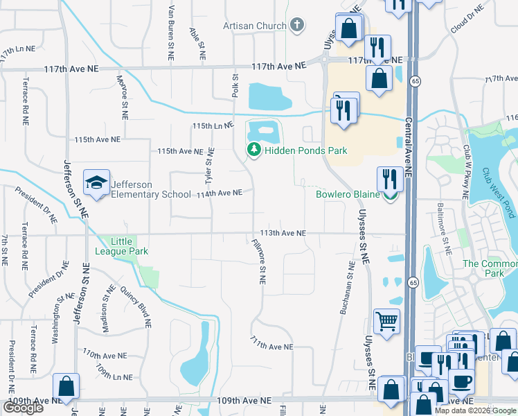 map of restaurants, bars, coffee shops, grocery stores, and more near 11359 Polk Street Northeast in Blaine