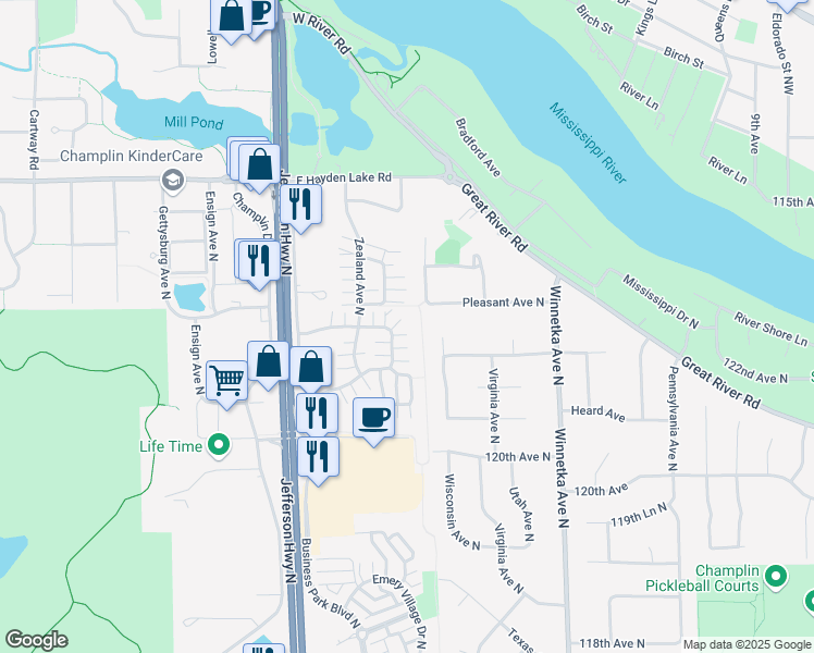 map of restaurants, bars, coffee shops, grocery stores, and more near 12130 Yukon Avenue North in Champlin