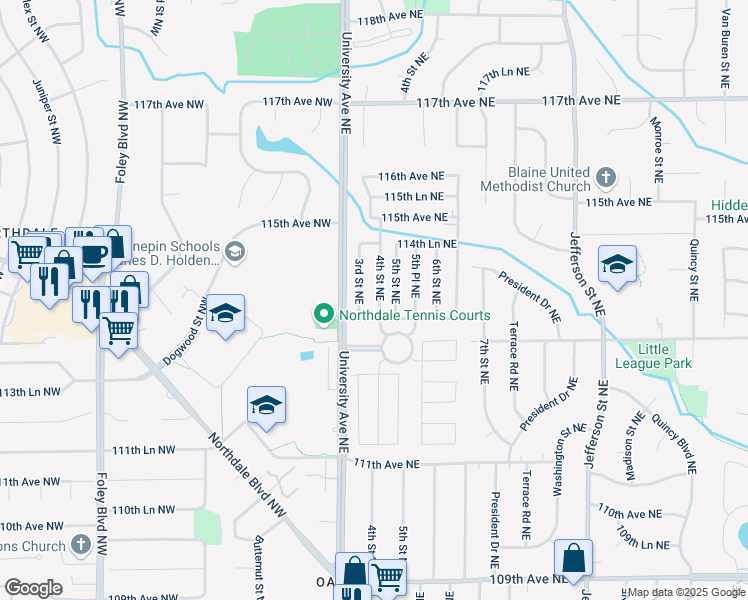 map of restaurants, bars, coffee shops, grocery stores, and more near 11300-11498 3rd St NE in Blaine