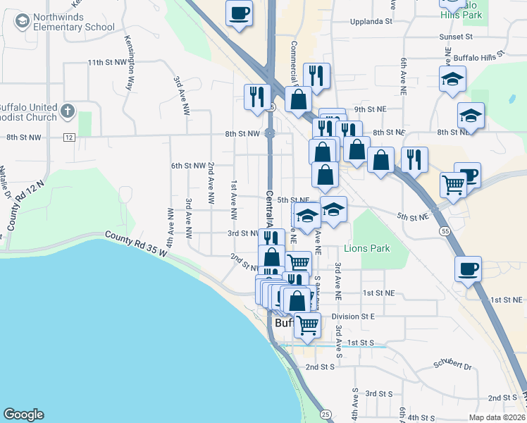 map of restaurants, bars, coffee shops, grocery stores, and more near 404 Central Avenue in Buffalo