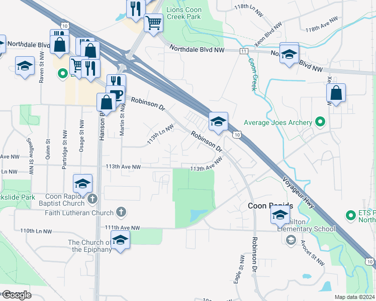 map of restaurants, bars, coffee shops, grocery stores, and more near 11370 Robinson Drive in Minneapolis