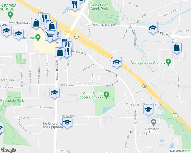 map of restaurants, bars, coffee shops, grocery stores, and more near 11345 Ibis Street Northwest in Coon Rapids