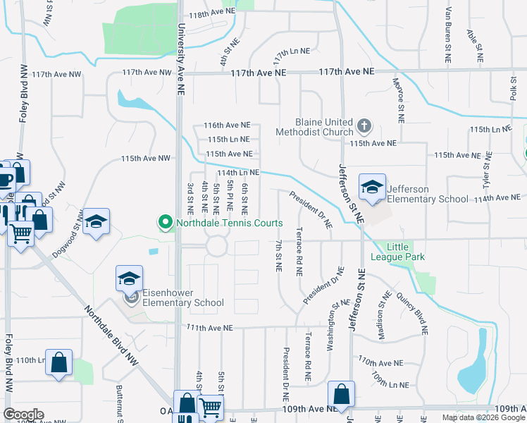 map of restaurants, bars, coffee shops, grocery stores, and more near 11363 6th Place Northeast in Blaine