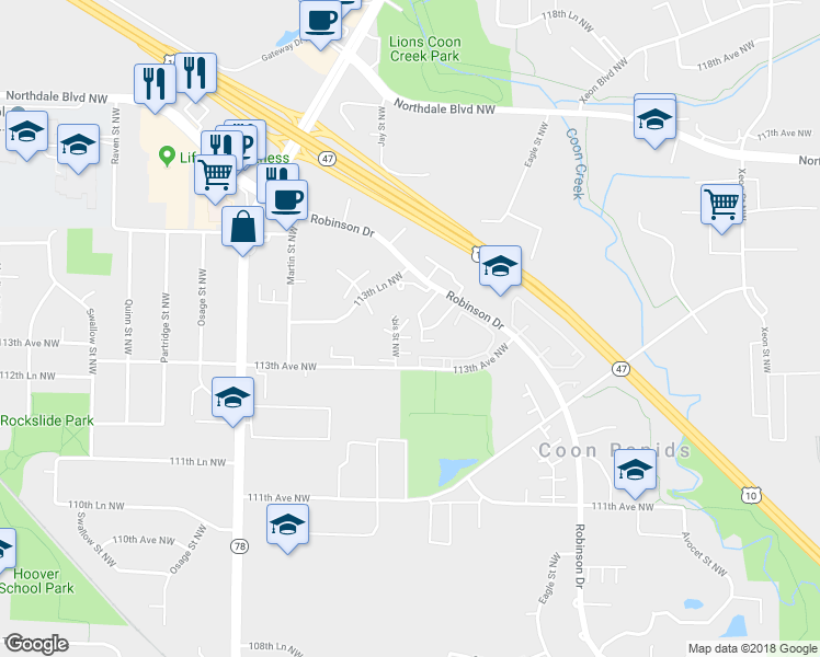 map of restaurants, bars, coffee shops, grocery stores, and more near 11370 Robinson Drive in Minneapolis