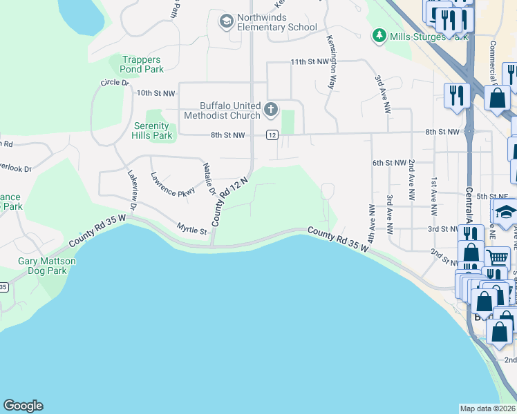 map of restaurants, bars, coffee shops, grocery stores, and more near 609 Lake Boulevard Northwest in Buffalo
