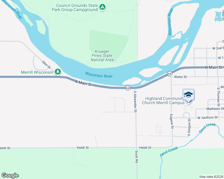 map of restaurants, bars, coffee shops, grocery stores, and more near 2517 West Main Street in Merrill
