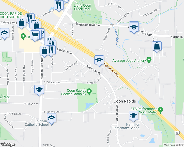 map of restaurants, bars, coffee shops, grocery stores, and more near 11350 Robinson Drive in Minneapolis