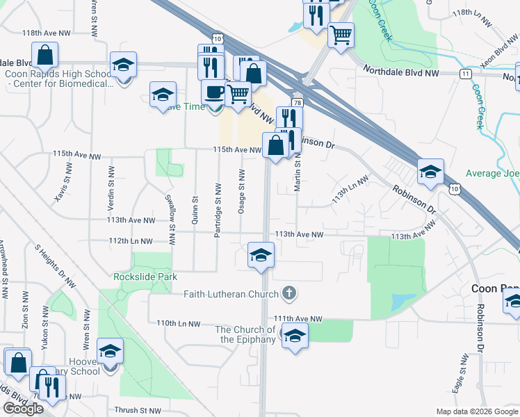 map of restaurants, bars, coffee shops, grocery stores, and more near 11332 Hanson Boulevard Northwest in Coon Rapids