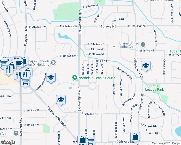 map of restaurants, bars, coffee shops, grocery stores, and more near 11368 5th Street Northeast in Blaine