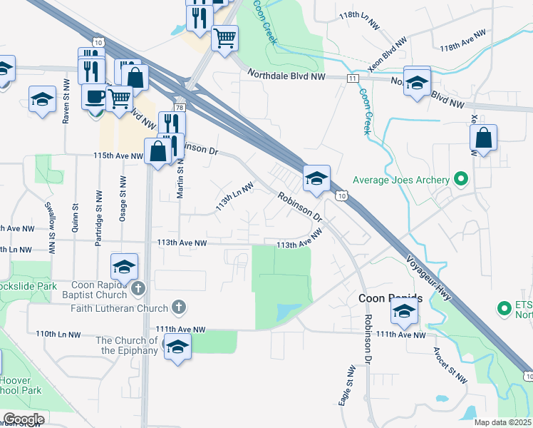 map of restaurants, bars, coffee shops, grocery stores, and more near 11370 Robinson Drive in Minneapolis