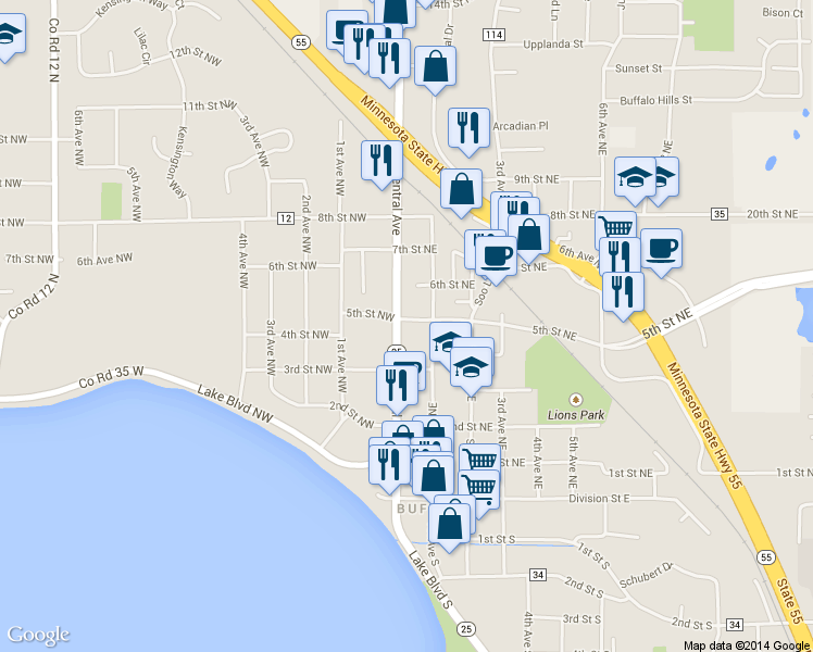 map of restaurants, bars, coffee shops, grocery stores, and more near 404 Central Avenue in Buffalo