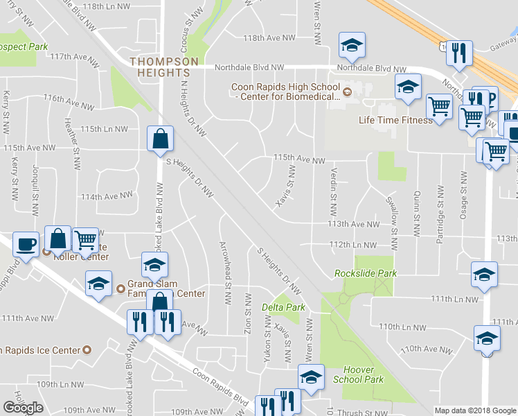 map of restaurants, bars, coffee shops, grocery stores, and more near 11356 North Heights Drive Northwest in Coon Rapids