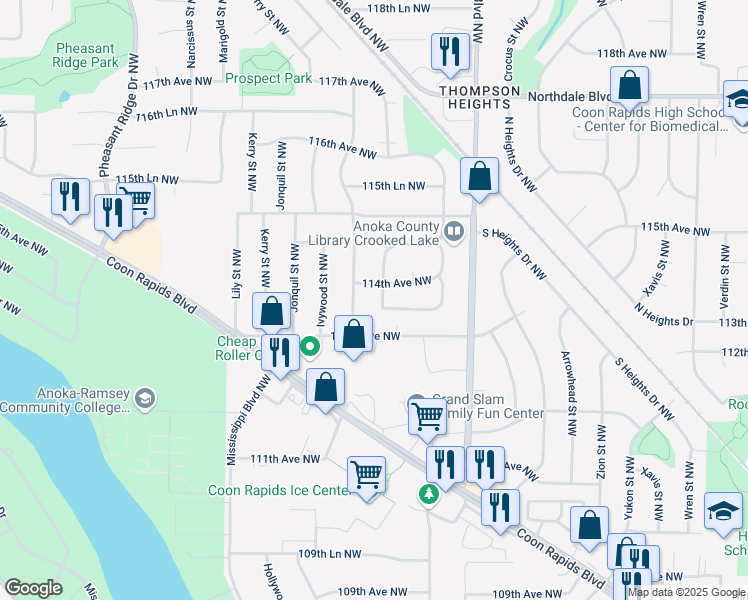 map of restaurants, bars, coffee shops, grocery stores, and more near 11340 Gladiola Street Northwest in Coon Rapids