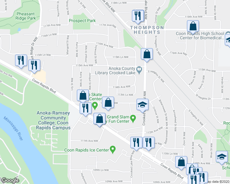 map of restaurants, bars, coffee shops, grocery stores, and more near 11340 Gladiola Street Northwest in Coon Rapids