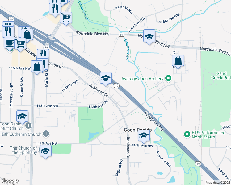 map of restaurants, bars, coffee shops, grocery stores, and more near 11307 Robinson Drive in Coon Rapids