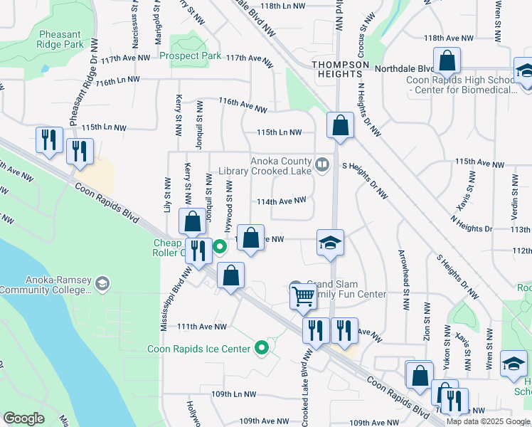 map of restaurants, bars, coffee shops, grocery stores, and more near 11340 Gladiola Street Northwest in Coon Rapids