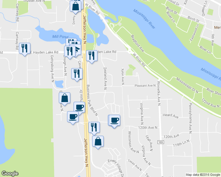 map of restaurants, bars, coffee shops, grocery stores, and more near 8418 122nd Avenue North in Champlin