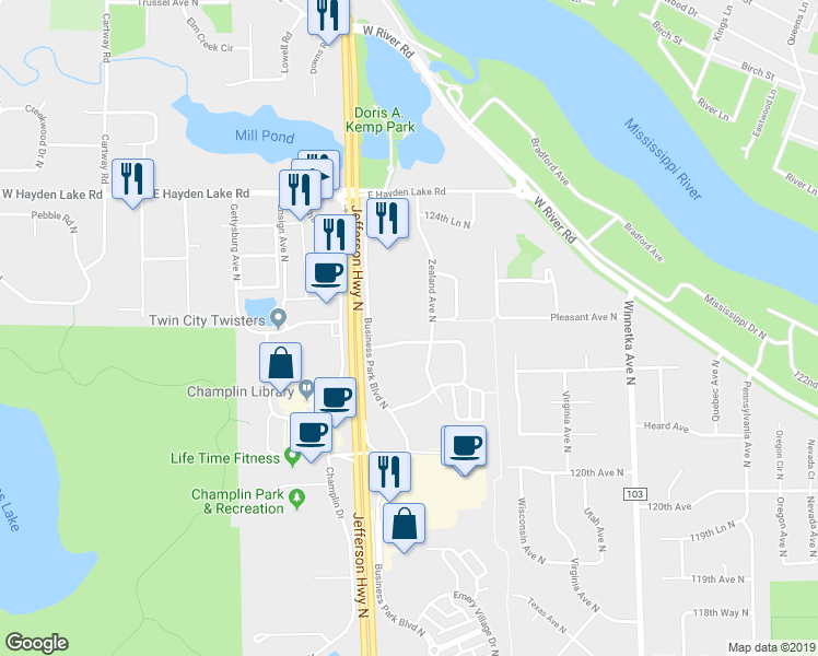 map of restaurants, bars, coffee shops, grocery stores, and more near 8562 122nd Avenue North in Champlin