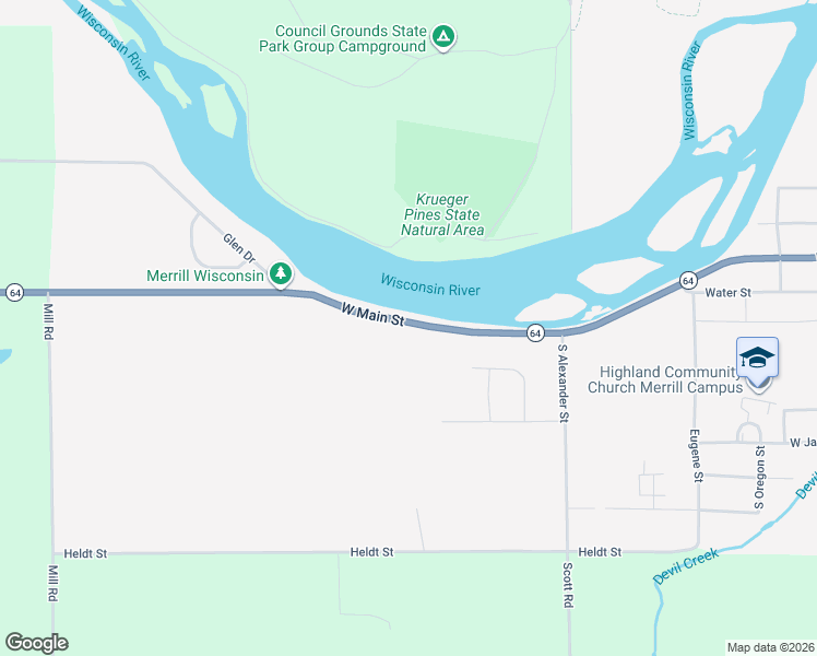 map of restaurants, bars, coffee shops, grocery stores, and more near 2605 West Main Street in Merrill