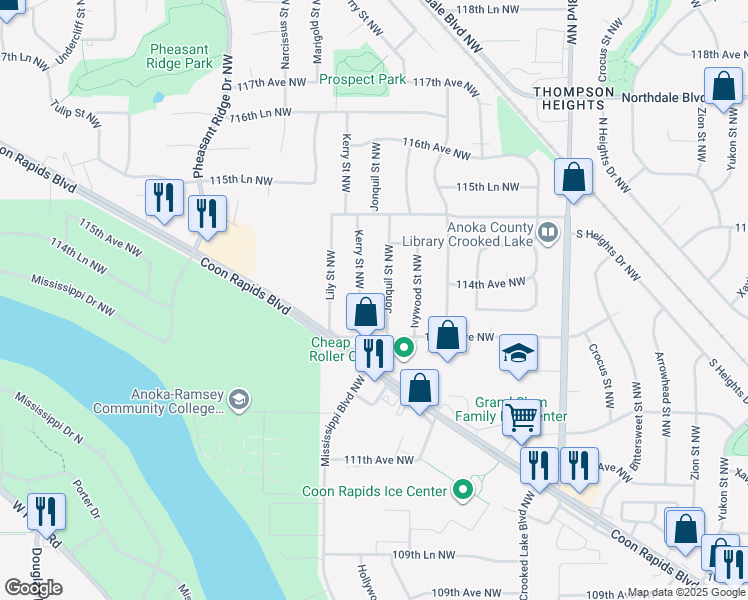 map of restaurants, bars, coffee shops, grocery stores, and more near 3105 113th Lane Northwest in Coon Rapids