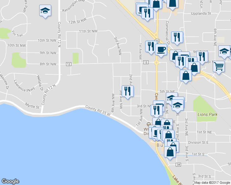 map of restaurants, bars, coffee shops, grocery stores, and more near 404 4th Avenue Northwest in Buffalo