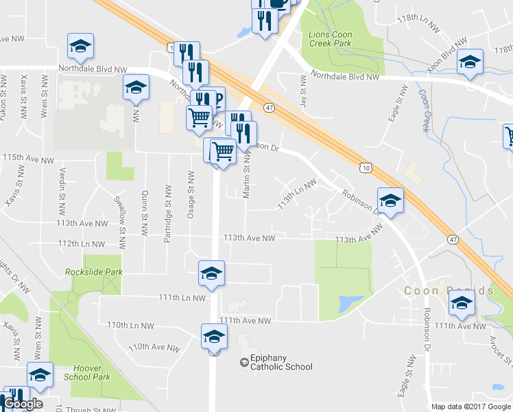 map of restaurants, bars, coffee shops, grocery stores, and more near 1903 113th Lane Northwest in Coon Rapids