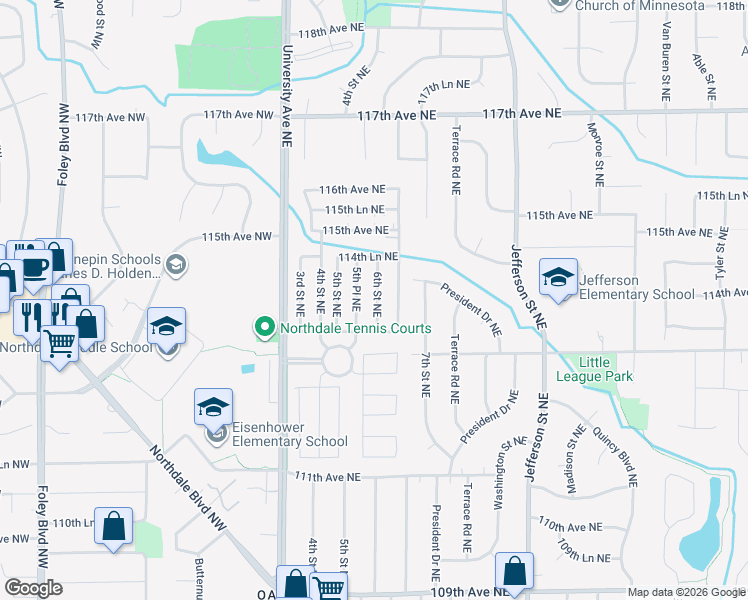 map of restaurants, bars, coffee shops, grocery stores, and more near 11412 6th Street Northeast in Blaine