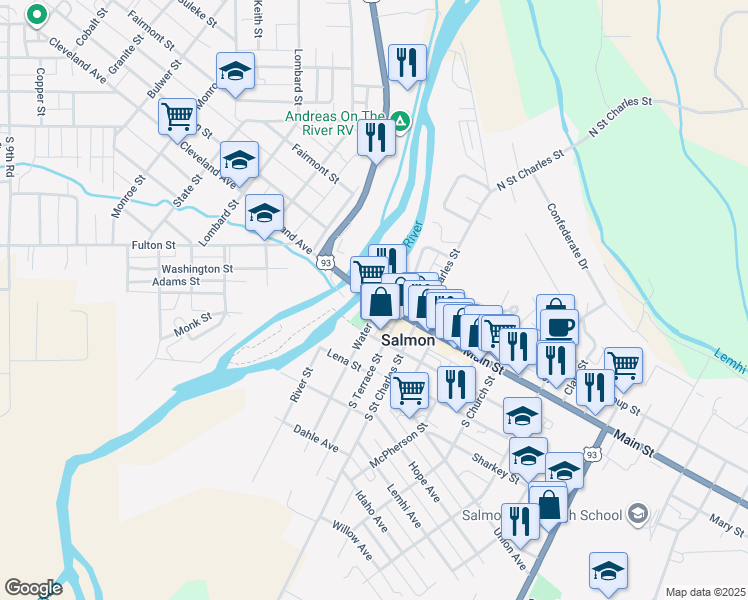map of restaurants, bars, coffee shops, grocery stores, and more near 114 Salmon Meadows Street in Salmon