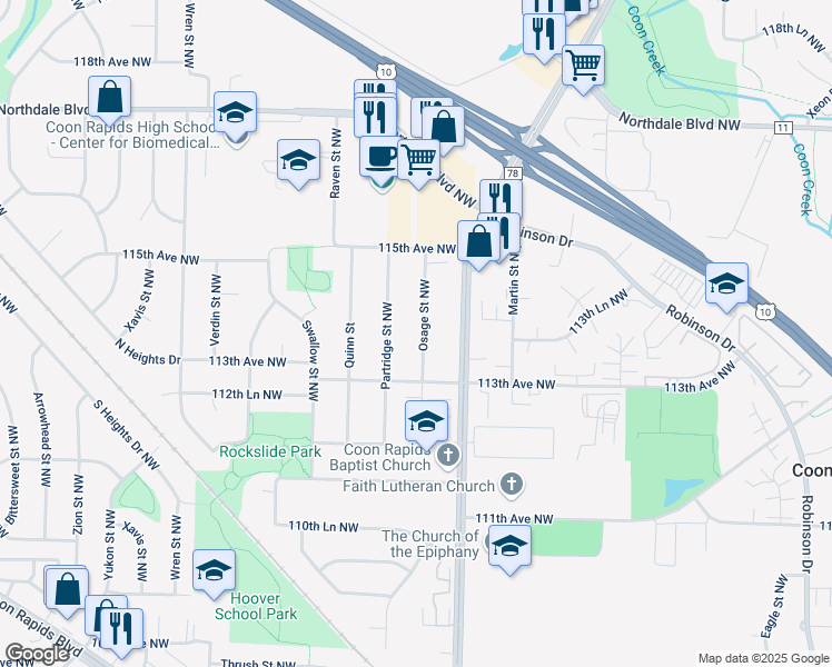 map of restaurants, bars, coffee shops, grocery stores, and more near 11340 Osage Street Northwest in Coon Rapids