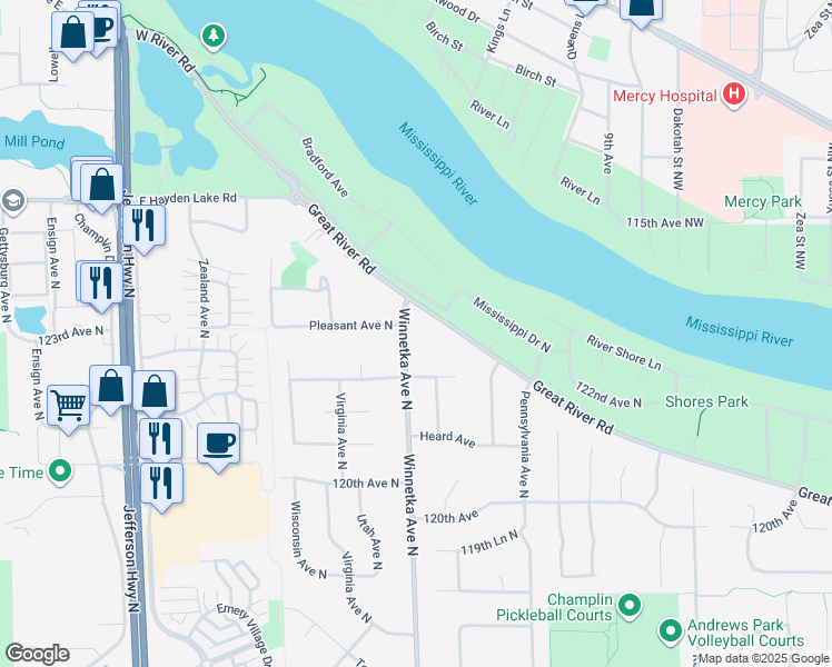 map of restaurants, bars, coffee shops, grocery stores, and more near 1401 Winnetka Avenue North in Champlin
