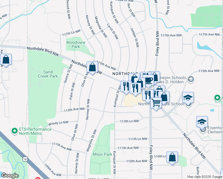 map of restaurants, bars, coffee shops, grocery stores, and more near 11375 Magnolia Street Northwest in Minneapolis