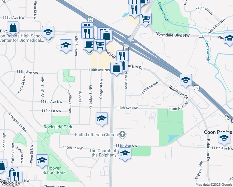 map of restaurants, bars, coffee shops, grocery stores, and more near 11370 Martin Street Northwest in Coon Rapids