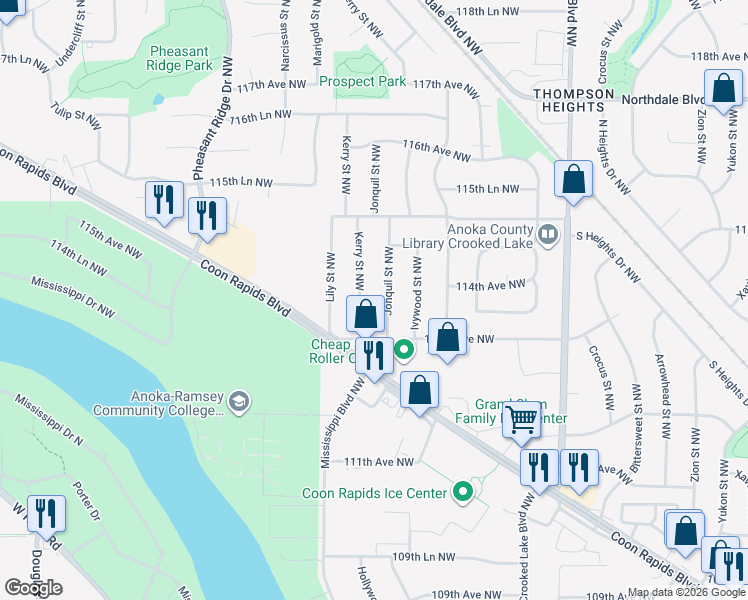 map of restaurants, bars, coffee shops, grocery stores, and more near 3105 113th Lane Northwest in Coon Rapids