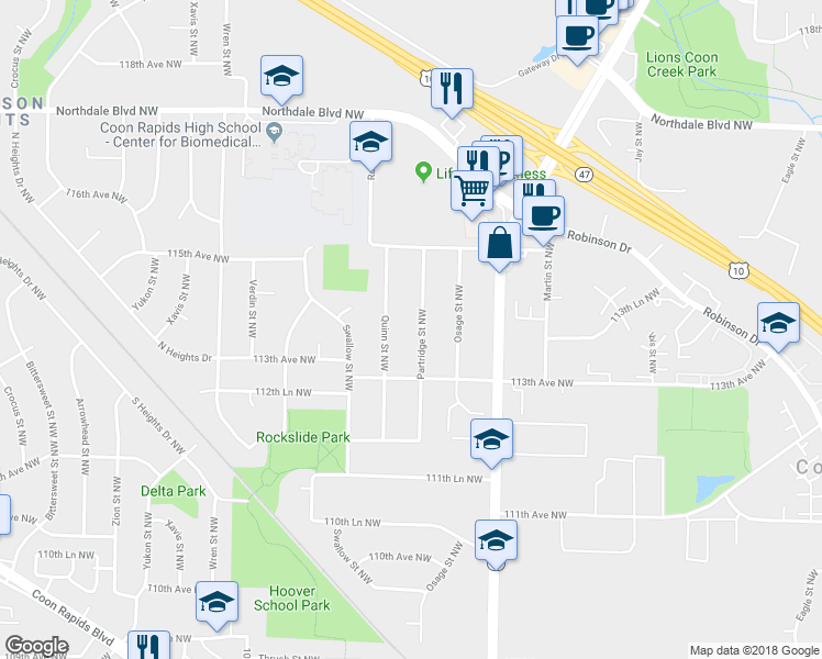 map of restaurants, bars, coffee shops, grocery stores, and more near 11340 Partridge Street Northwest in Coon Rapids