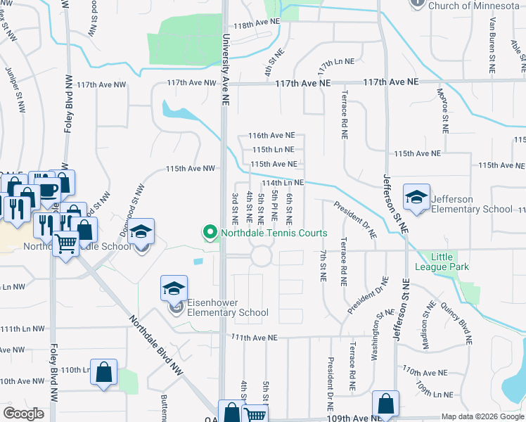map of restaurants, bars, coffee shops, grocery stores, and more near 11368 5th Street Northeast in Blaine