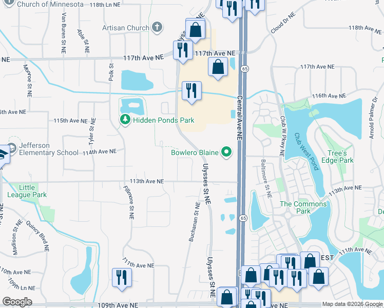 map of restaurants, bars, coffee shops, grocery stores, and more near 11361 Johnson Street Northeast in Blaine