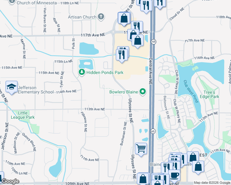 map of restaurants, bars, coffee shops, grocery stores, and more near 12723 Johnson Street Northeast in Blaine