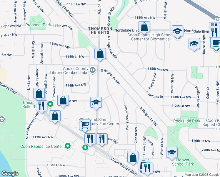 map of restaurants, bars, coffee shops, grocery stores, and more near 11309 Bittersweet Street Northwest in Coon Rapids