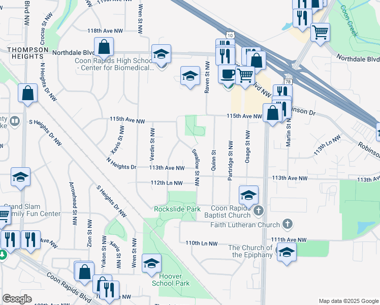 map of restaurants, bars, coffee shops, grocery stores, and more near 11354 Swallow Street Northwest in Coon Rapids