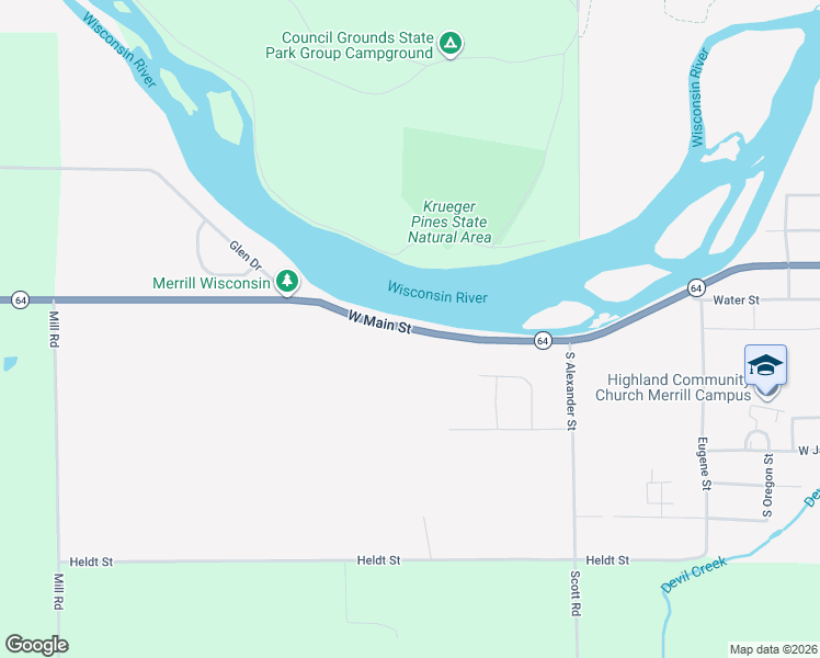 map of restaurants, bars, coffee shops, grocery stores, and more near 2517 West Main Street in Merrill