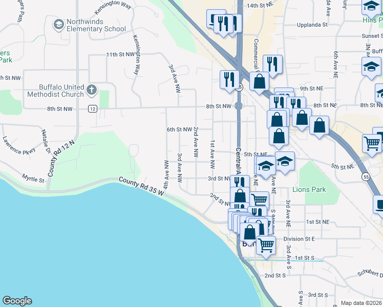 map of restaurants, bars, coffee shops, grocery stores, and more near 405 2nd Avenue Northwest in Buffalo
