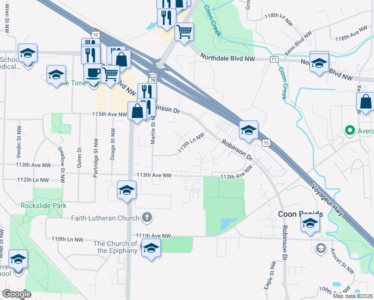 map of restaurants, bars, coffee shops, grocery stores, and more near 1800 113th Lane Northwest in Coon Rapids
