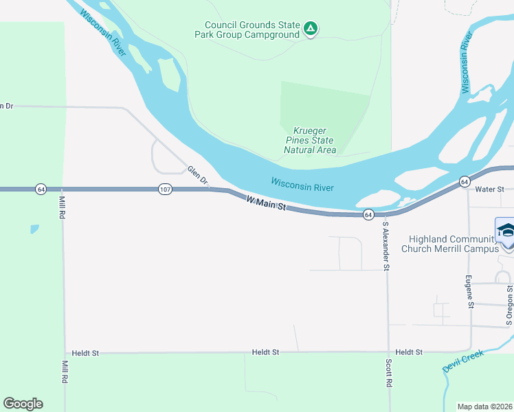 map of restaurants, bars, coffee shops, grocery stores, and more near 2611 West Main Street in Merrill