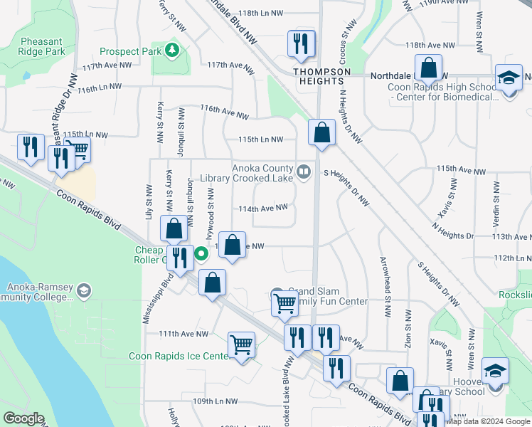 map of restaurants, bars, coffee shops, grocery stores, and more near 2857 113th Lane Northwest in Coon Rapids
