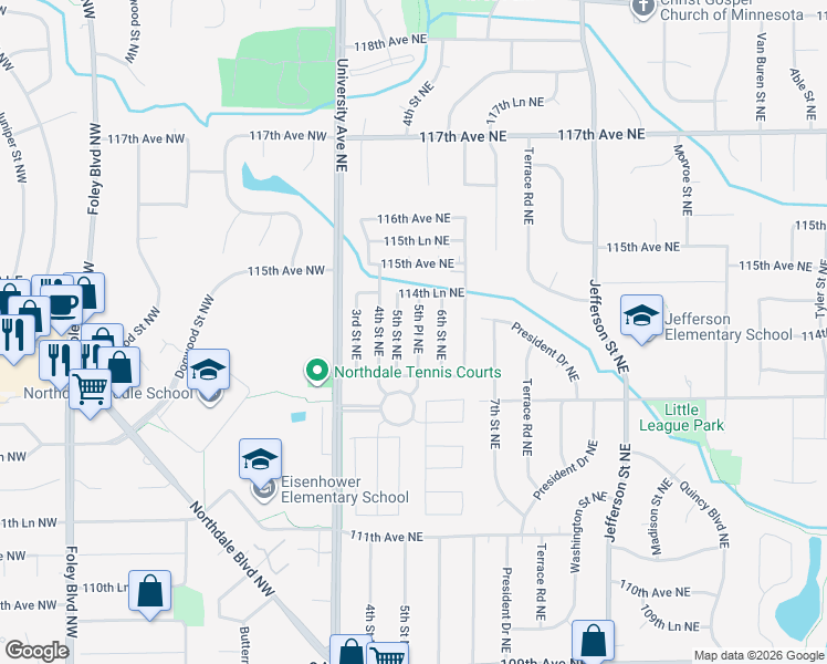 map of restaurants, bars, coffee shops, grocery stores, and more near 11414 5th Place Northeast in Blaine