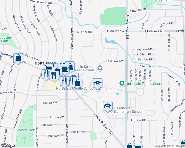 map of restaurants, bars, coffee shops, grocery stores, and more near 11399 Dogwood Street Northwest in Minneapolis