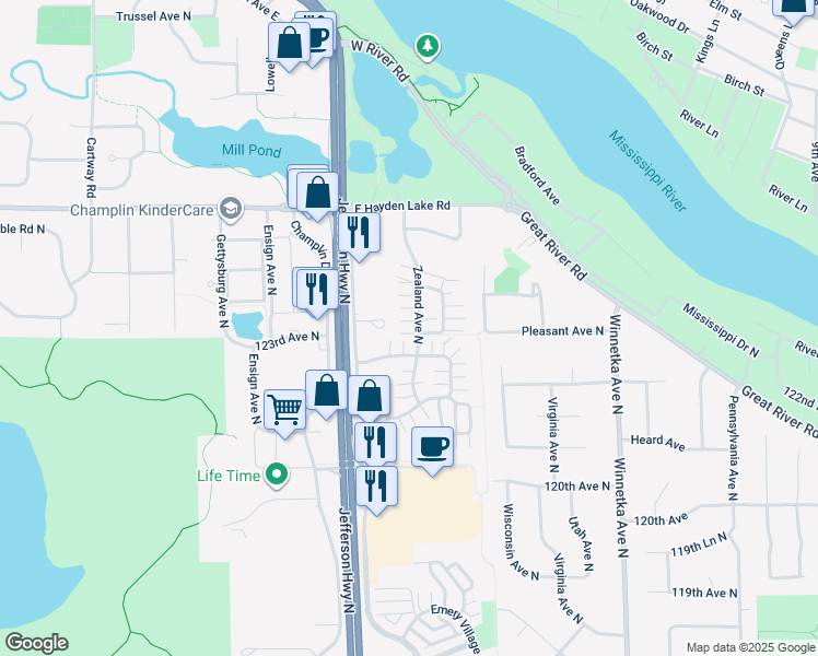 map of restaurants, bars, coffee shops, grocery stores, and more near 8562 122nd Avenue North in Champlin
